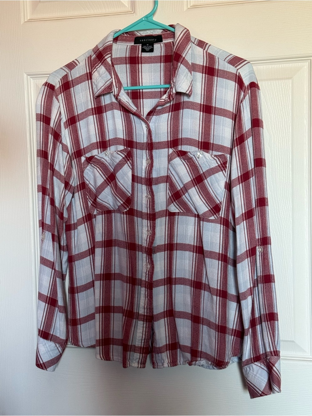 Sanctuary Red, Light Blue and White Plaid Button-Down Shirt